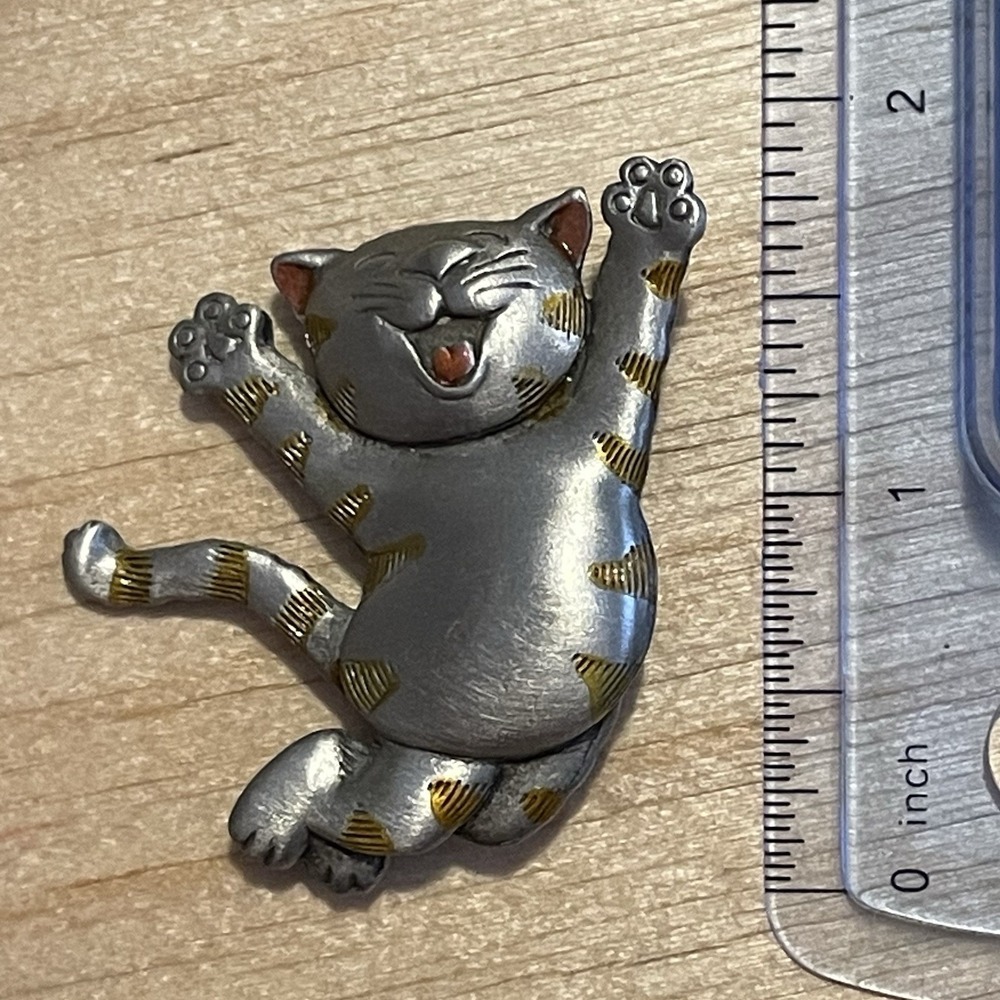 Vintage 1990s JJ Jonette Jewelry Pewter Tone Cat Brooch Happy Kitty Pin Orange - Picture 9 of 9